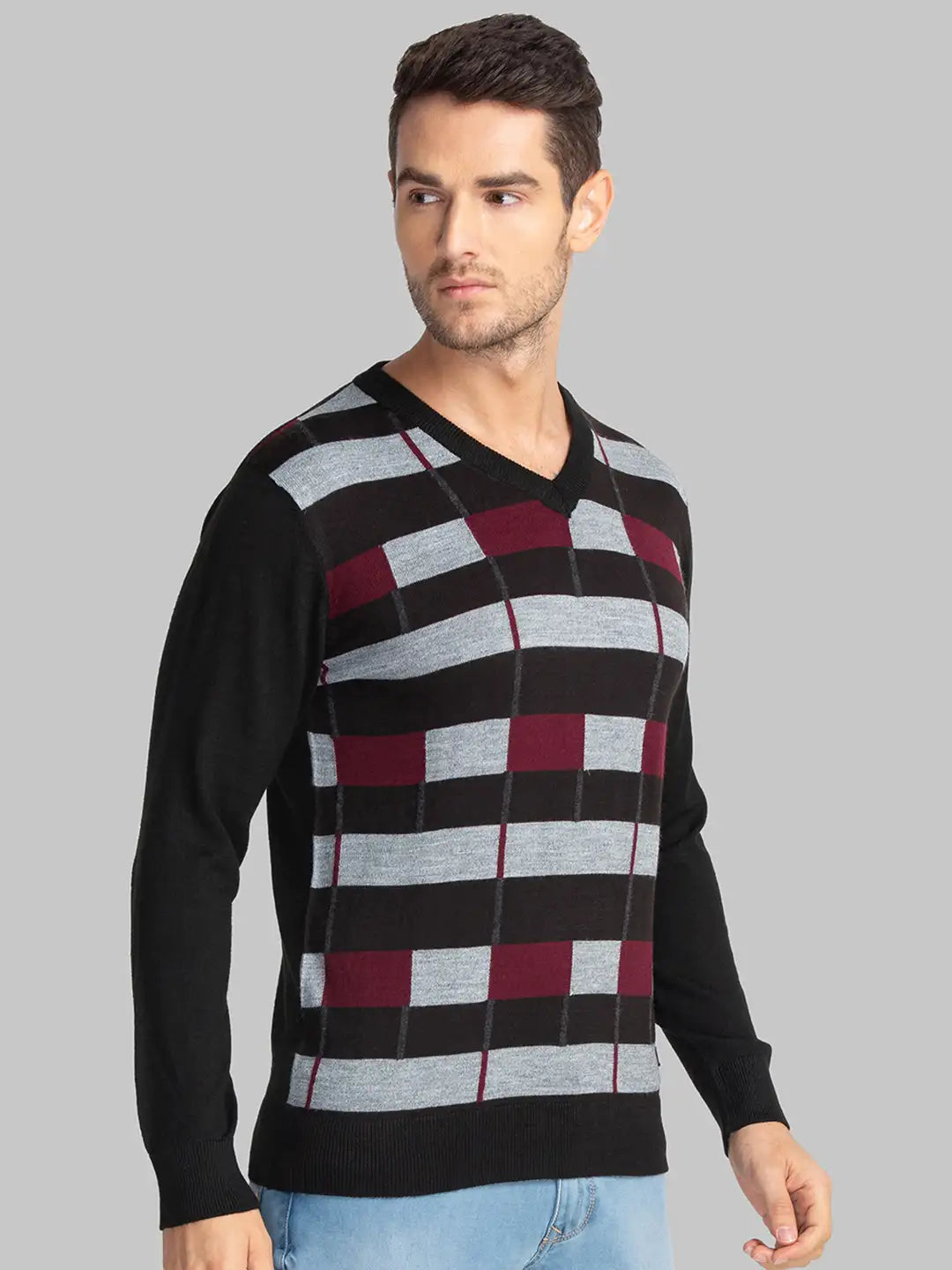 Men Black Intarsia Acrylic Blend Full Sleeve Sweaters