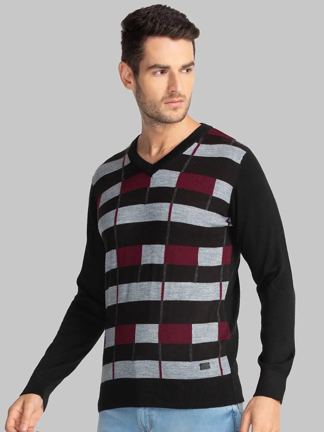 Men Black Intarsia Acrylic Blend Full Sleeve Sweaters