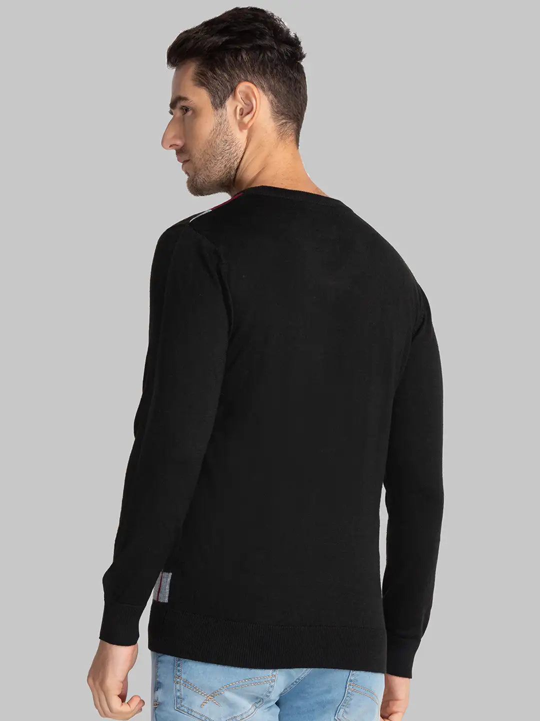 Men Black Intarsia Acrylic Blend Full Sleeve Sweaters