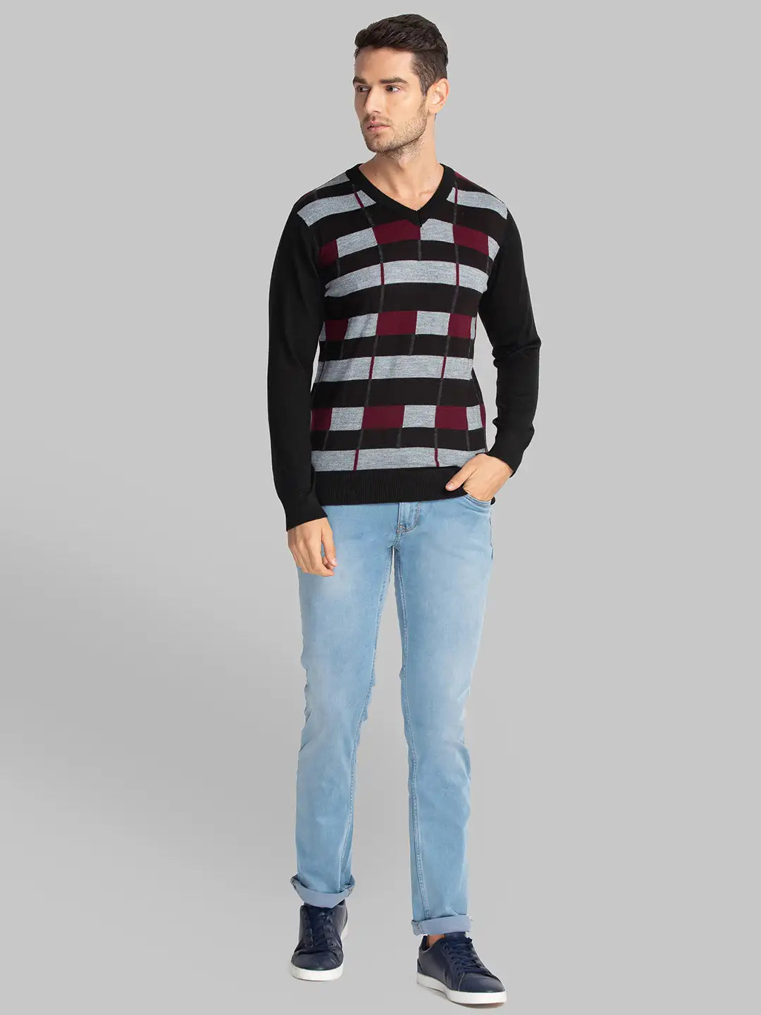 Men Black Intarsia Acrylic Blend Full Sleeve Sweaters
